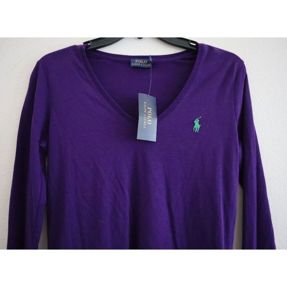 Polo Ralph Lauren 211632862016 Women's Sz Small Purple Ribbed V-Neck L/S T-Shirt - Picture 3 of 6